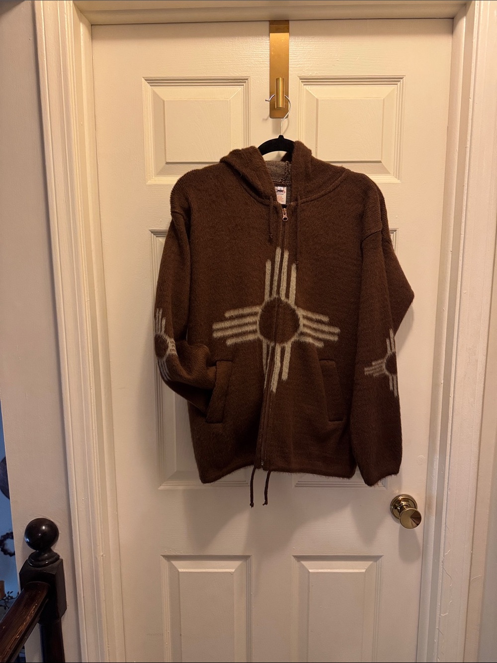 Brown Hooded Zip Jumpsuit-Style Romper with Cream Southwestern Motif